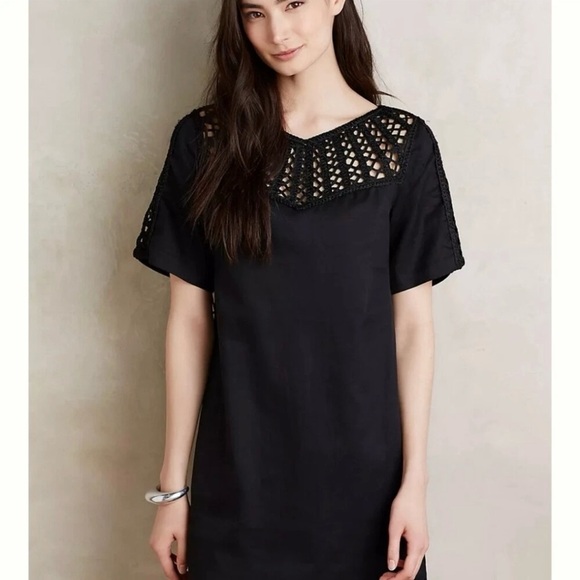 Maeve by Anthropologie Linen Blend Battenburg Shift Dress Crochet Detail Black M - Picture 1 of 12